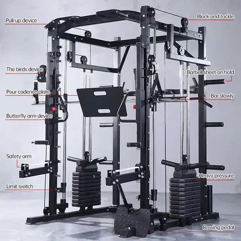 Multi-functional Smith Machine + Cable Crossover + Chest Press + Leg Press with Weight Stack (Squat Rack)